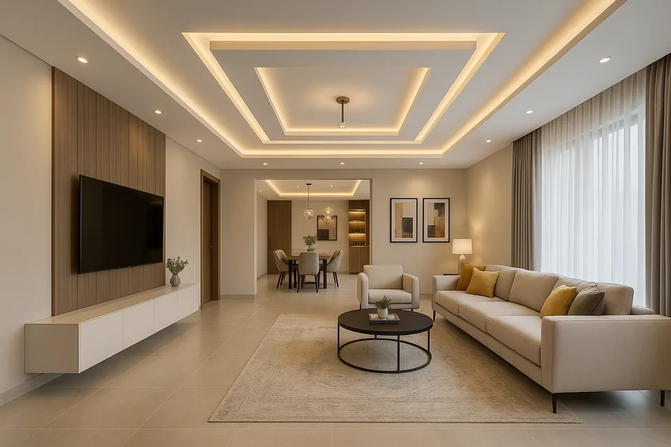 غرفة معيشة حديثة بسقف جبس هندسي وإضاءة LED دافئة