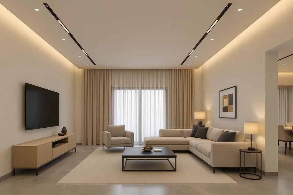minimal living room ceiling with black linear lights and warm concealed LED lighting