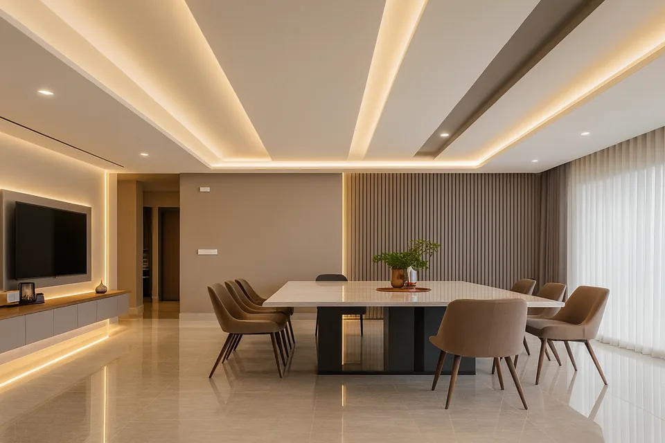 modern dining room with integrated ceiling lighting