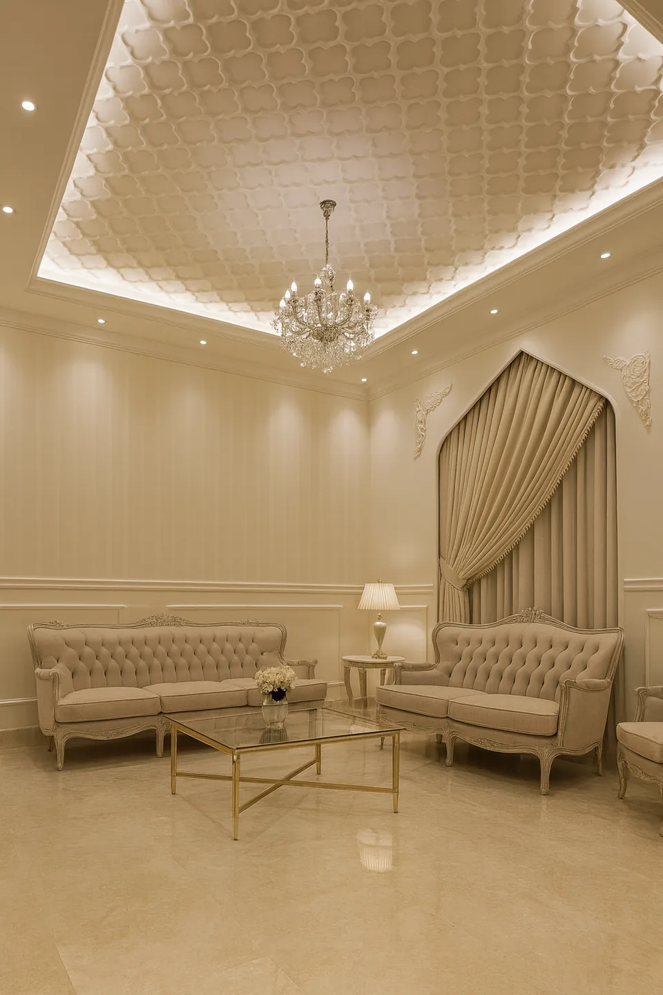 classic majlis with patterned gypsum ceiling and chandelier